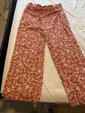 Rust Leaf-Print Wide Leg Pants